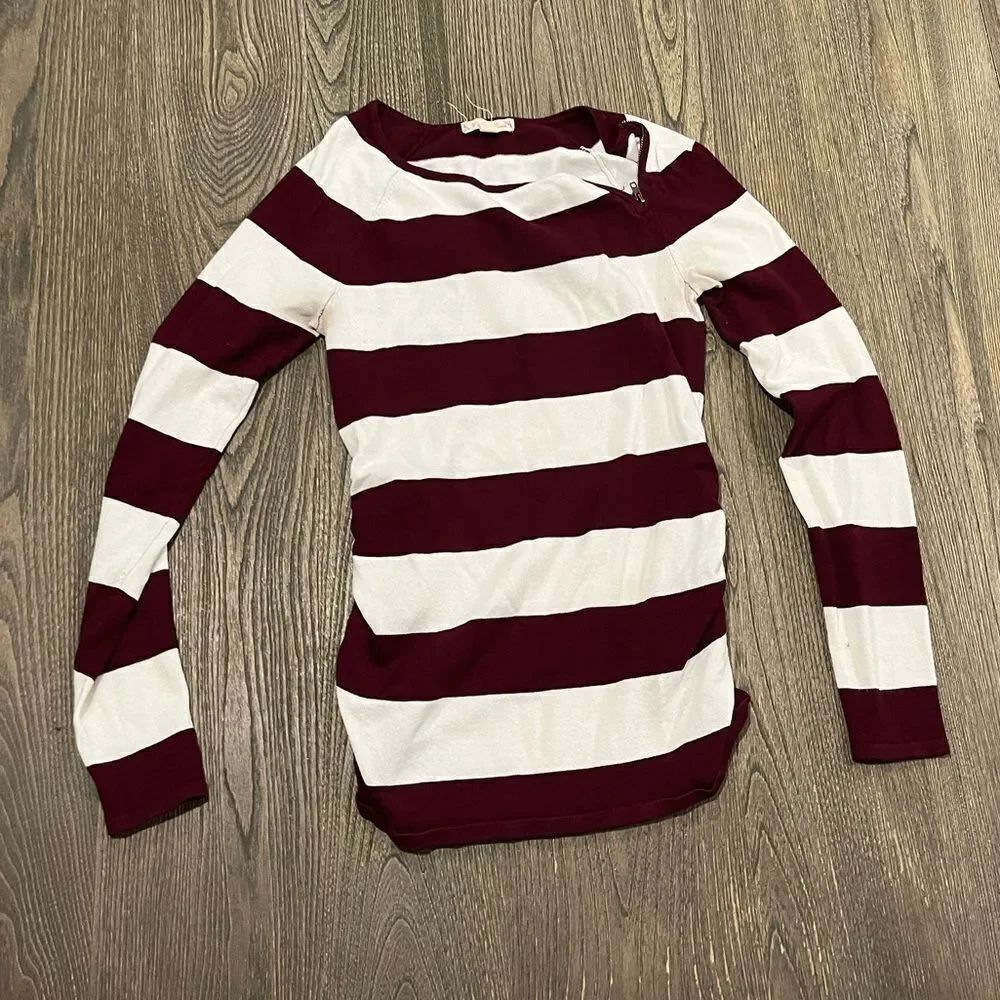 It's Our Time Womens Striped Sweater Pullover Knitted Burgundy White Size Small
